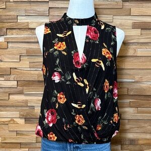 Verte | Red & Yellow Floral | Black | Surplice | Sleeveless | Gold Pinstripe | L